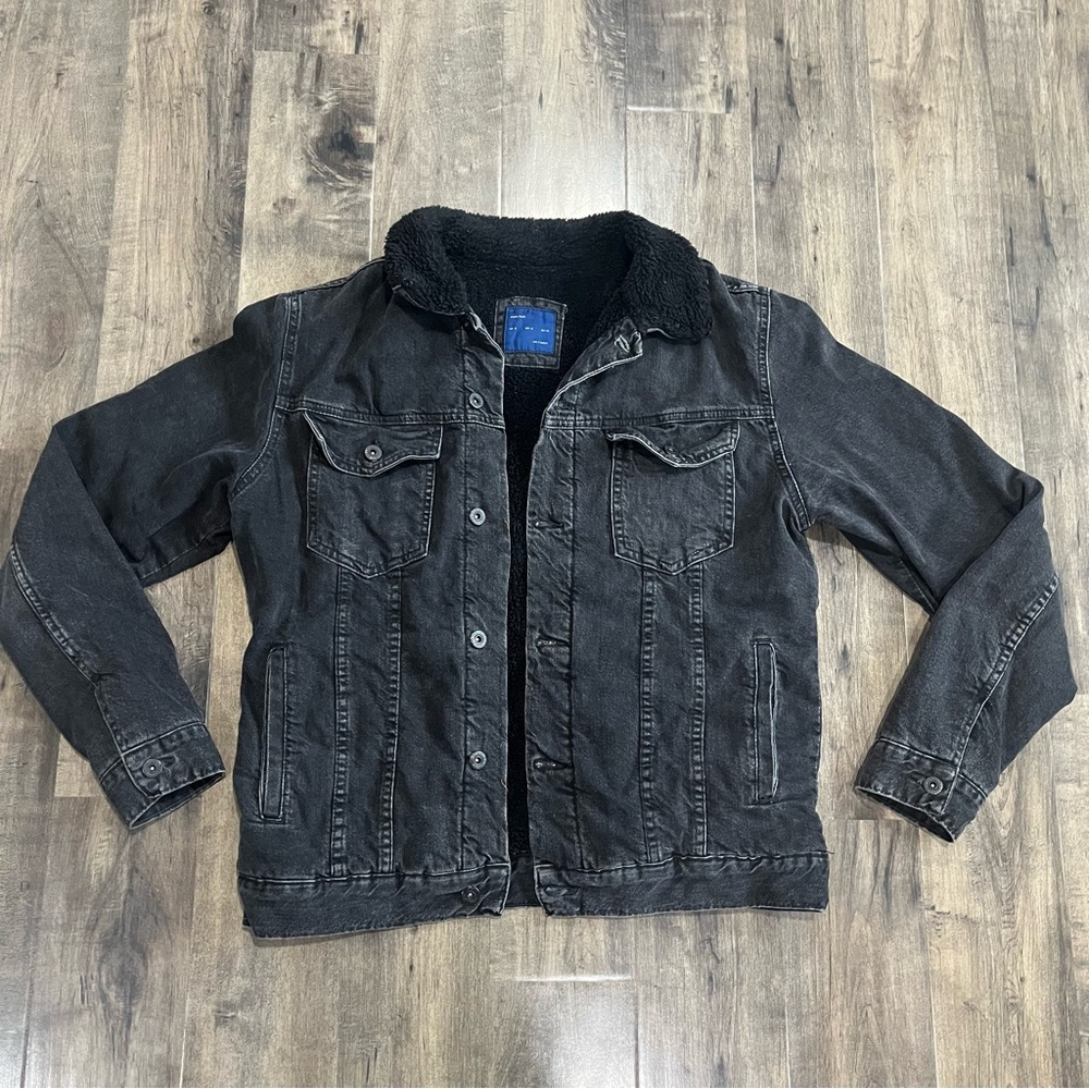 Zara Black Denim Jacket Men’s XL Faux Sherpa-Lined Button Up Trucker Winter